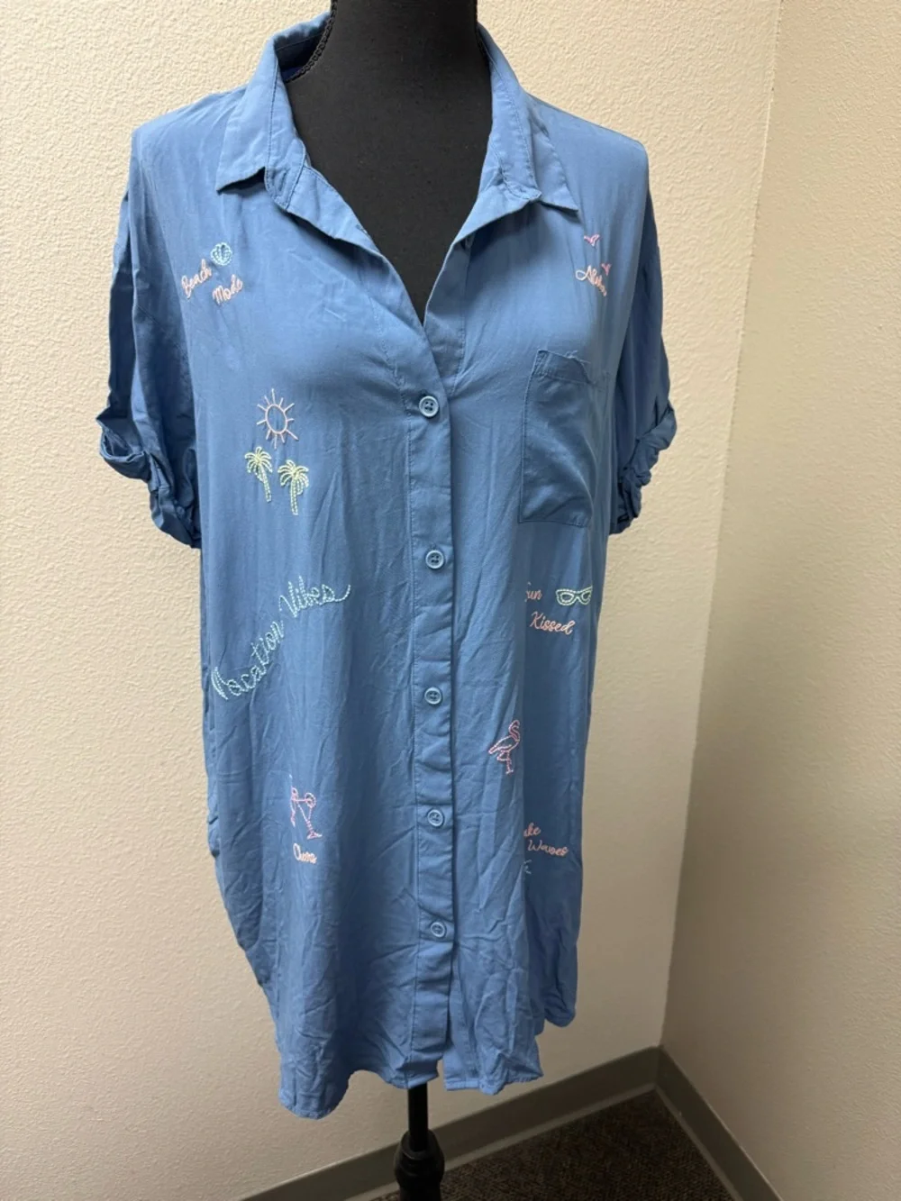Jasmine Ginger Blue Embroidered Beach Button Shirt Tropical Top Large - Picture 2 of 11